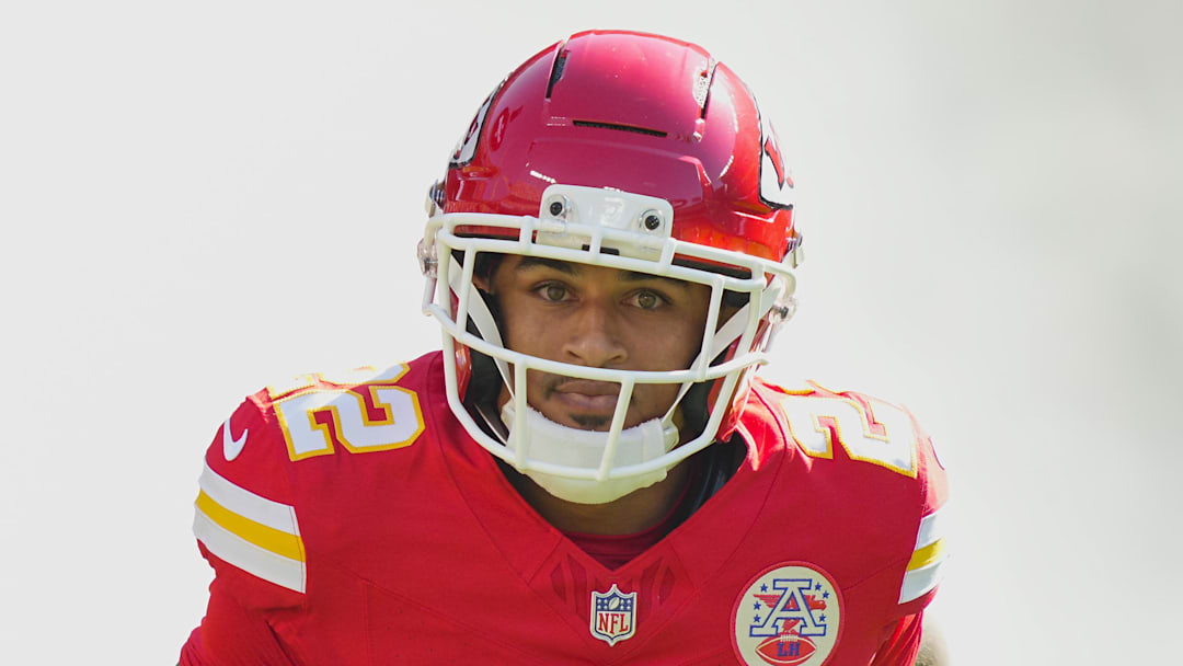 Sep 28, 2025; Kansas City, Missouri, USA; Kansas City Chiefs cornerback Trent McDuffie (22) takes the field prior to a game against the Baltimore Ravens at GEHA Field at Arrowhead Stadium. Mandatory Credit: Jay Biggerstaff-Imagn Images