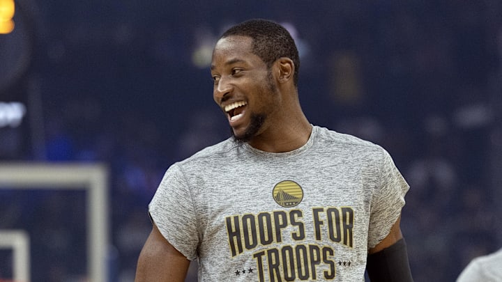 Nov 9, 2025; San Francisco, California, USA; Golden State Warriors forward Jonathan Kuminga (1) warms up before facing the Indiana Pacers at Chase Center. Mandatory Credit: D. Ross Cameron-Imagn Images
