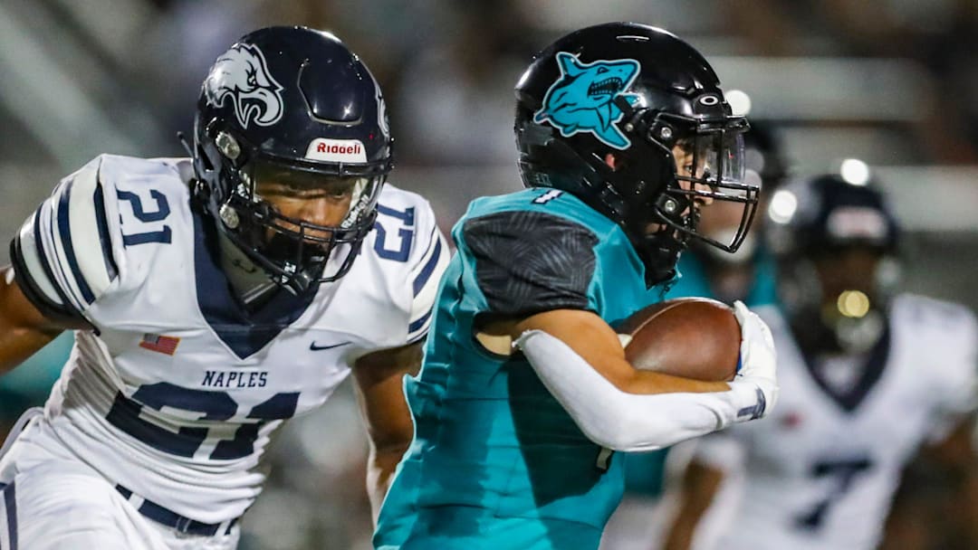 The Naples Golden Eagles compete against the Gulf Coast Sharks in a kickoff classic preseason game at Gulf Coast High School in Naples on Friday, Aug. 16, 2024. Naples won 45-0.