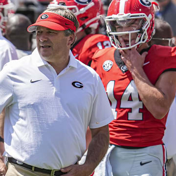 Sep 7, 2024; Athens, Georgia, USA; Georgia Bulldogs head coach Kirby Smart shown on the field during pregame warmup prior to the game against the Tennessee Tech Golden Eagles at Sanford Stadium. Mandatory Credit: Dale Zanine-Imagn Images