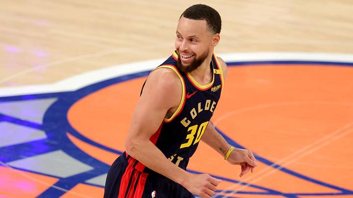 Mar 4, 2025; New York, New York, USA; Golden State Warriors guard Stephen Curry (30) reacts after a three point shot against the New York Knicks during the fourth quarter at Madison Square Garden. Mandatory Credit: Brad Penner-Imagn Images