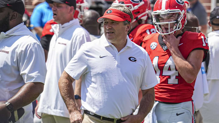 Sep 7, 2024; Athens, Georgia, USA; Georgia Bulldogs head coach Kirby Smart shown on the field during pregame warmup prior to the game against the Tennessee Tech Golden Eagles at Sanford Stadium. Mandatory Credit: Dale Zanine-Imagn Images Sep 7, 2024; Athens, Georgia, USA; Georgia Bulldogs head coach Kirby Smart shown on the field during pregame warmup prior to the game against the Tennessee Tech Golden Eagles at Sanford Stadium. Mandatory Credit: Dale Zanine-Imagn Images