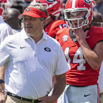 Sep 7, 2024; Athens, Georgia, USA; Georgia Bulldogs head coach Kirby Smart shown on the field during pregame warmup prior to the game against the Tennessee Tech Golden Eagles at Sanford Stadium. Mandatory Credit: Dale Zanine-Imagn Images