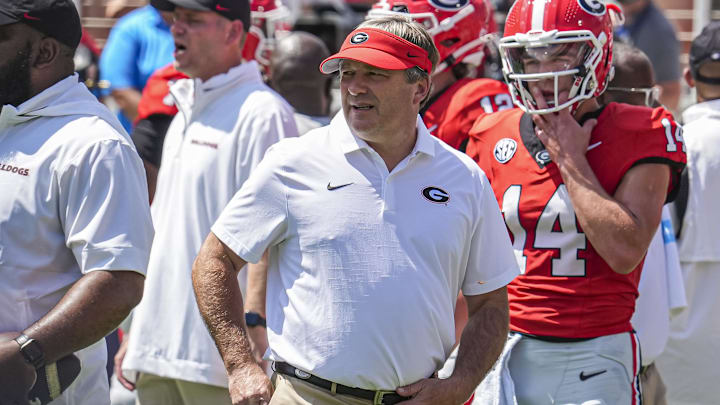 Sep 7, 2024; Athens, Georgia, USA; Georgia Bulldogs head coach Kirby Smart shown on the field during pregame warmup prior to the game against the Tennessee Tech Golden Eagles at Sanford Stadium. Mandatory Credit: Dale Zanine-Imagn Images