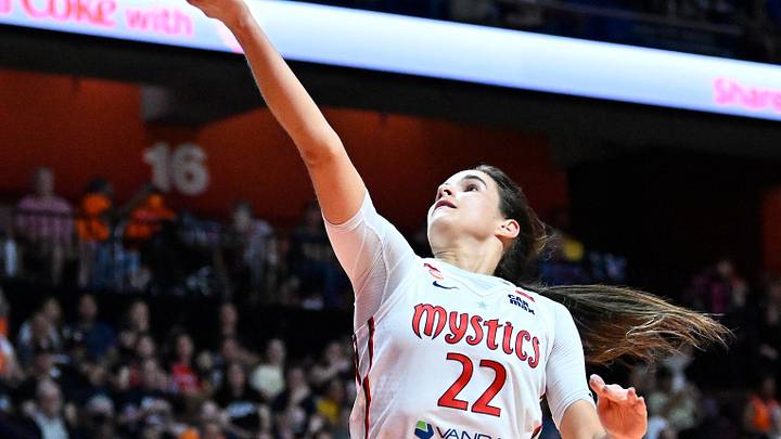 Jun 17, 2026; Uncasville, Connecticut, USA; Washington Mystics guard Sonia Citron (22) shoots a layup against the Connecticut Sun during the first half at Mohegan Sun Arena. Mandatory Credit: Eric Canha-Imagn Images