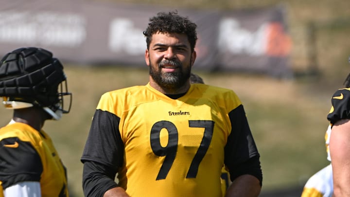 Jul 28, 2024; Latrobe, PA, USA; Pittsburgh Steelers defensive tackle Cameron Heyward (97) participates in drills during training camp at Saint Vincent College. Mandatory Credit: Barry Reeger-Imagn Images