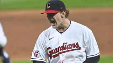 Apr 22, 2023; Cleveland, Ohio, USA; Cleveland Guardians starting pitcher Zach Plesac (34) reacts in