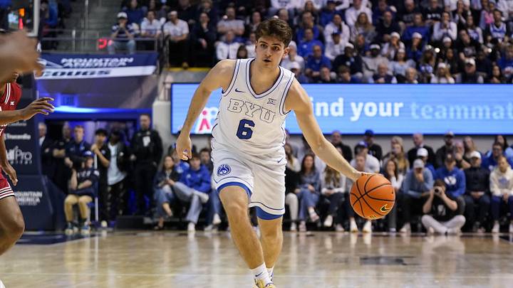 Mar 7, 2026; Provo, Utah, USA; BYU Cougars guard Aleksej Kostić (6) dribbles the ball during the first half against the Texas Tech Red Raiders at Marriott Center. Mandatory Credit: Aaron Baker-Imagn Images 