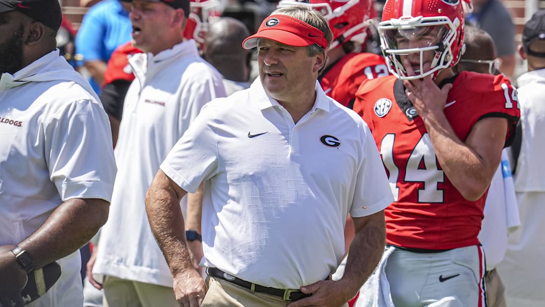 Sep 7, 2024; Athens, Georgia, USA; Georgia Bulldogs head coach Kirby Smart shown on the field during pregame warmup prior to the game against the Tennessee Tech Golden Eagles at Sanford Stadium. Mandatory Credit: Dale Zanine-Imagn Images
