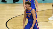 Apr 5, 2025; San Antonio, TX, USA; Florida Gators forward Thomas Haugh (10) reacts after a basket against the Auburn Tigers during the second half in the semifinals of the men's Final Four of the 2025 NCAA Tournament at Alamodome. Mandatory Credit: Scott Wachter-Imagn Images
