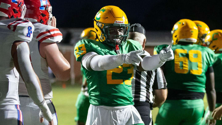 Nigel Nelson (23) celebrates scoring a touchdown and taking a 6-0 Crusaders lead during the Pace vs Catholic football game at Pensacola Catholic High School on Friday, Aug. 30, 2024.