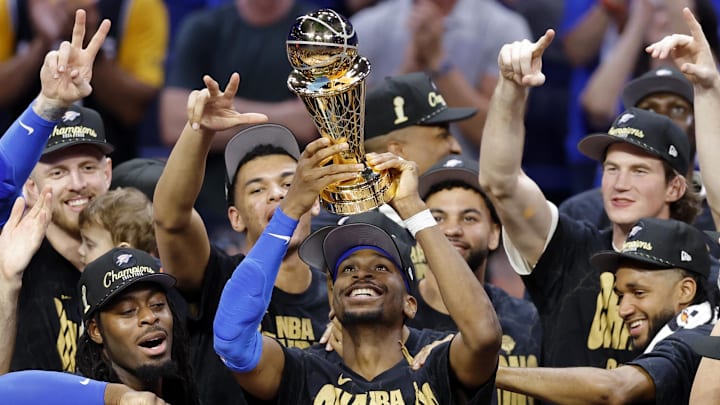 The Oklahoma City Thunder celebrate after winning Game 7 of the 2025 NBA Finals 