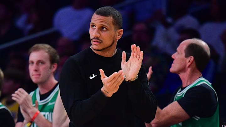 Feb 22, 2026; Los Angeles, California, USA; Boston Celtics head coach Joe Mazzulla watches game action against the Los Angeles Lakers during the second half at Crypto.com Arena. Mandatory Credit: Gary A. Vasquez-Imagn Images