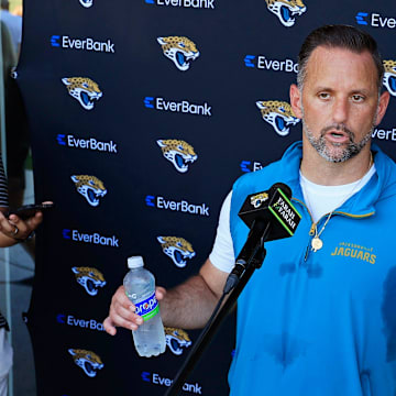 Jacksonville Jaguars defensive coordinator Anthony Campanile answers questions from the media after an NFL training camp session at the Miller Electric Center, Tuesday, July 29, 2025, in Jacksonville, Fla. [Corey Perrine/Florida Times-Union]