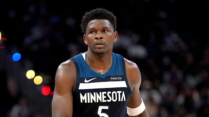 Mar 13, 2026; San Francisco, California, USA; Minnesota Timberwolves guard Anthony Edwards (5) walks on the court during a break in the action against the Golden State Warriors in the third quarter at the Chase Center. Mandatory Credit: Cary Edmondson-Imagn Images