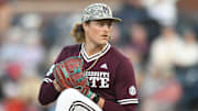 Mississippi State pitcher Khal Stephen (14) pitches against Ole Miss at Swayze Field in Oxford, Miss., on Friday, Apr. 12, 2024.