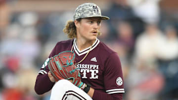 Mississippi State pitcher Khal Stephen (14) pitches against Ole Miss at Swayze Field in Oxford, Miss., on Friday, Apr. 12, 2024.