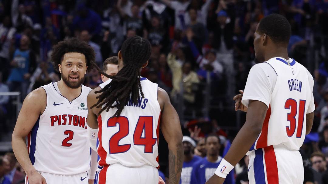May 3, 2026; Detroit, Michigan, USA; Detroit Pistons guard Daniss Jenkins (24) receives congratulations from guard Cade Cunningham (2) during the second half against the Orlando Magic during game seven of the first round of the 2026 NBA Playoffs at Little Caesars Arena. Mandatory Credit: Rick Osentoski-Imagn Images