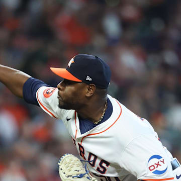 Houston Astros pitcher Hector Neris (50) throws in the fifth inning against the Detroit Tigers in game one of the Wild Card round for the 2024 MLB Playoffs at Minute Maid Park.