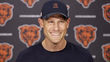 Jun 3, 2025; Lake Forest, IL, USA; Chicago Bears head coach Ben Johnson speaks during minicamp at Halas Hall.