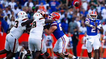Florida Gators quarterback DJ Lagway (2) throw a pass during the season opener at Ben Hill Griffin Stadium in Gainesville, FL on Saturday, August 31, 2024 against the University of Miami Hurricanes in the second half. Miami defeated the Gators 41-17. [Doug Engle/Gainesville Sun]
