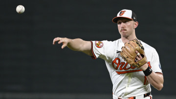 Jun 11, 2024; Baltimore, Maryland, USA;  Baltimore Orioles second baseman Jordan Westburg (11) throws to first base during the eighth inning against the Atlanta Braves at Oriole Park at Camden Yards. 