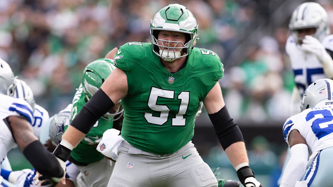 Dec 29, 2024; Philadelphia, Pennsylvania, USA; Philadelphia Eagles center Cam Jurgens (51) in action against the Dallas Cowboys during the second quarter at Lincoln Financial Field. Mandatory Credit: Bill Streicher-Imagn Images