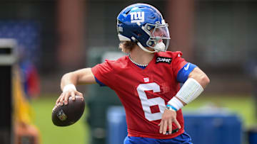 May 10, 2025; East Rutherford, NJ, USA; New York Giants quarterback Jaxson Dart (6) throws a pass during rookie minicamp at Quest Diagnostics Training Center. Mandatory Credit: John Jones-Imagn Images