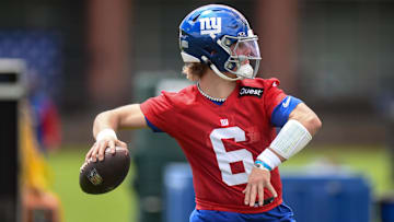 May 10, 2025; East Rutherford, NJ, USA; New York Giants quarterback Jaxson Dart (6) throws a pass during rookie minicamp at Quest Diagnostics Training Center. Mandatory Credit: John Jones-Imagn Images