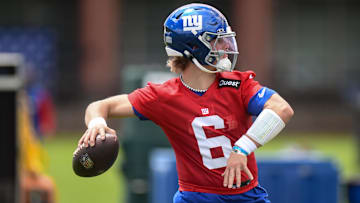 May 10, 2025; East Rutherford, NJ, USA; New York Giants quarterback Jaxson Dart (6) throws a pass during rookie minicamp at Quest Diagnostics Training Center. Mandatory Credit: John Jones-Imagn Images