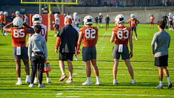 The Texas Longhorns football team during their first practice of the spring season on Tuesday, March 25, 2025.