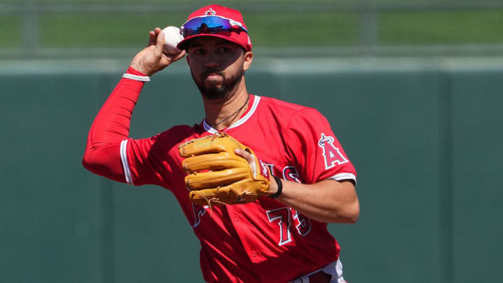 Mar 13, 2024; Surprise, Arizona, USA;  Los Angeles Angels second baseman Livan Soto (73) throws to first base against the Kansas City Royals during the second inning at Surprise Stadium