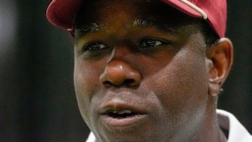 Aug. 4, 2025; Tuscaloosa, AL, USA; Alabama Crimson Tide players and coaches participate in a media day with reporters and fans at the Hank Crisp Indoor Practice Facility. Wide receivers coach and co-offensive coordinator JaMarcus Shephard is interviewed by a member of the media.