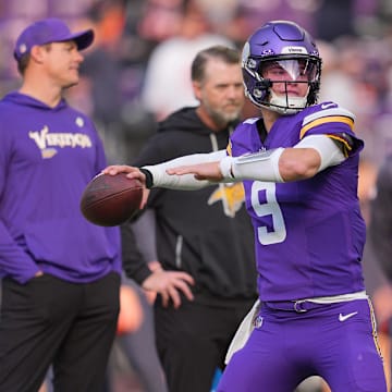Nov 16, 2025; Minneapolis, Minnesota, USA; Minnesota Vikings quarterback J.J. McCarthy (9) warms up before a game against the Chicago Bears at U.S. Bank Stadium.