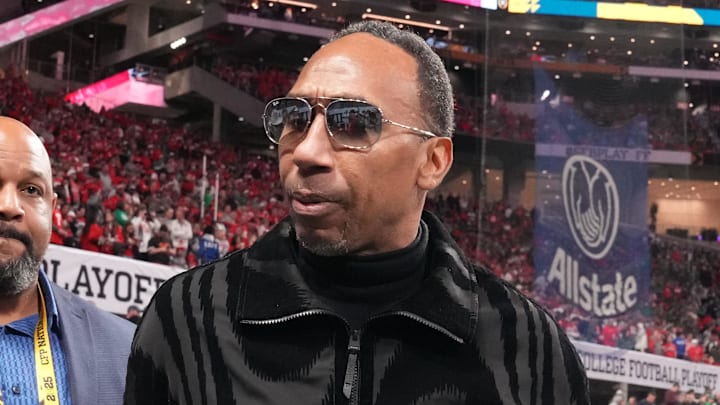 Jan 20, 2025; Atlanta, GA, USA; Sports personality Stephen A. Smith arrives before the CFP National Championship college football game between the Notre Dame Fighting Irish and the Ohio State Buckeyes at Mercedes-Benz Stadium. Mandatory Credit: Kirby Lee-Imagn Images
