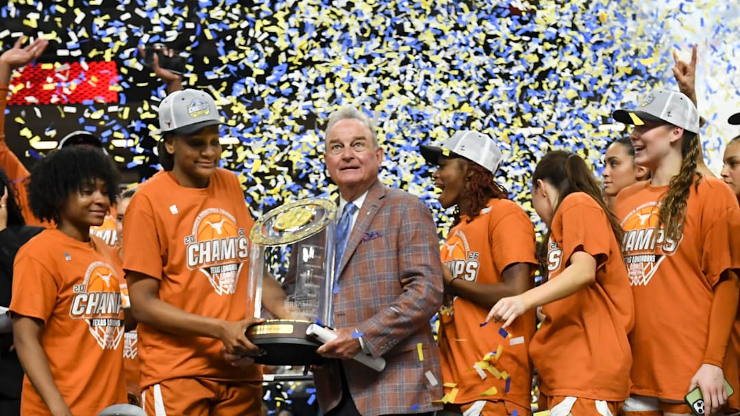 The Texas Longhorns celebrate Sunday, March 8, 2026, after the SEC Women's Basketball Tournament Championship game against the South Carolina Gamecocks at Bon Secours Wellness Arena in Greenville, South Carolina. Texas Longhorns won 78-61.