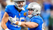 Detroit Lions wide receiver Tom Kennedy (85) celebrates a catch for a first down against Green Bay Packers 