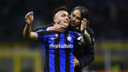 Lautaro Martinez (L) of FC Internazionale is congratulated...