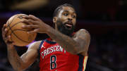 Mar 24, 2024; Detroit, Michigan, USA;  New Orleans Pelicans forward Naji Marshall (8) grabs the rebound in the second half against the Detroit Pistons at Little Caesars Arena. Mandatory Credit: Rick Osentoski-USA TODAY Sports