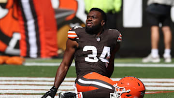 Sep 7, 2025; Cleveland, Ohio, USA; Cleveland Browns running back Jerome Ford (34) warms up before a game against the Cincinnati Bengals at Huntington Bank Field. Mandatory Credit: Scott Galvin-Imagn Images