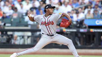 Jun 25, 2025; New York City, New York, USA; Atlanta Braves starting pitcher Didier Fuentes (75) pitches in the first inning against the New York Mets at Citi Field. Mandatory Credit: Wendell Cruz-Imagn Images