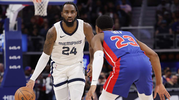 Dec 6, 2023; Detroit, Michigan, USA;  Memphis Grizzlies guard Jaylen Nowell (24) dribbles defended