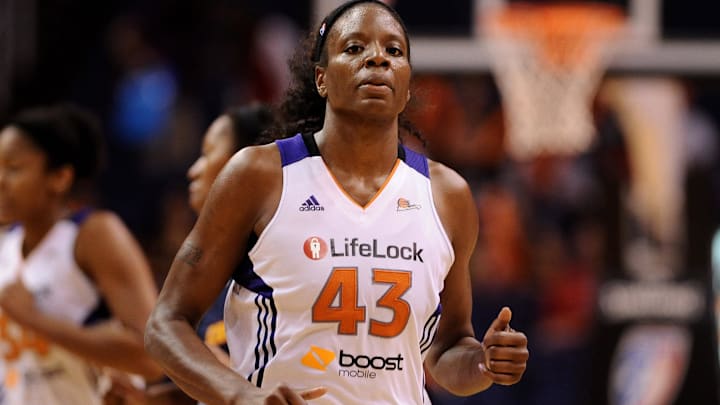 Sep. 12, 2012; Phoenix, AZ, USA; Phoenix Mercury forward Nakia Sanford (43) reacts on the court in the second half against the Connecticut Sun at US Airways Center. The Sun defeated the Mercury 100 - 78. Mandatory Credit: Jennifer Stewart-Imagn Images