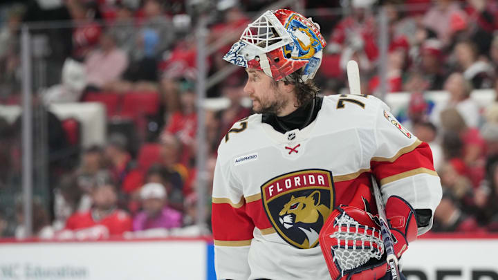 May 22, 2025; Raleigh, North Carolina, USA; Florida Panthers goaltender Sergei Bobrovsky (72) looks on during the second period against the Carolina Hurricanes in game two of the Eastern Conference Final of the 2025 Stanley Cup Playoffs at Lenovo Center. Mandatory Credit: James Guillory-Imagn Images May 22, 2025; Raleigh, North Carolina, USA; Florida Panthers goaltender Sergei Bobrovsky (72) looks on during the second period against the Carolina Hurricanes in game two of the Eastern Conference Final of the 2025 Stanley Cup Playoffs at Lenovo Center. Mandatory Credit: James Guillory-Imagn Images