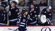 Mar 30, 2025; Winnipeg, Manitoba, CAN; Winnipeg Jets center Mason Appleton (22) celebrates his goal against the Vancouver Canucks in the third period at Canada Life Centre. Mandatory Credit: James Carey Lauder-Imagn Images