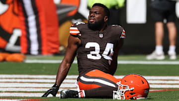 Sep 7, 2025; Cleveland, Ohio, USA; Cleveland Browns running back Jerome Ford (34) warms up before a game against the Cincinnati Bengals at Huntington Bank Field. Mandatory Credit: Scott Galvin-Imagn Images