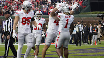 Nov 16, 2024; Chicago, Illinois, USA; Ohio State Buckeyes running back Quinshon Judkins (1) celebrates his touchdown against the Northwestern Wildcats during the first half at Wrigley Field. Mandatory Credit: David Banks-Imagn Images