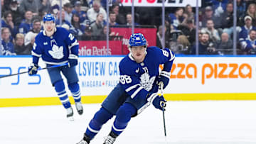 Apr 5, 2025; Toronto, Ontario, CAN; Toronto Maple Leafs right wing William Nylander (88) skates with the puck against the Columbus Blue Jackets during the first period at Scotiabank Arena. Mandatory Credit: Nick Turchiaro-Imagn Images