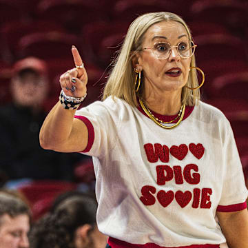 Arkansas Razorbacks coach Kelsi Musick on the sidelines in an exhibition game against Arkansas-Fort Smith.
