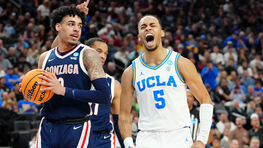 Mar 23, 2023; Las Vegas, NV, USA; UCLA Bruins guard Amari Bailey (5) reacts after a play against the Gonzaga Bulldogs during the first half at T-Mobile Arena. Mandatory Credit: Stephen R. Sylvanie-Imagn Images